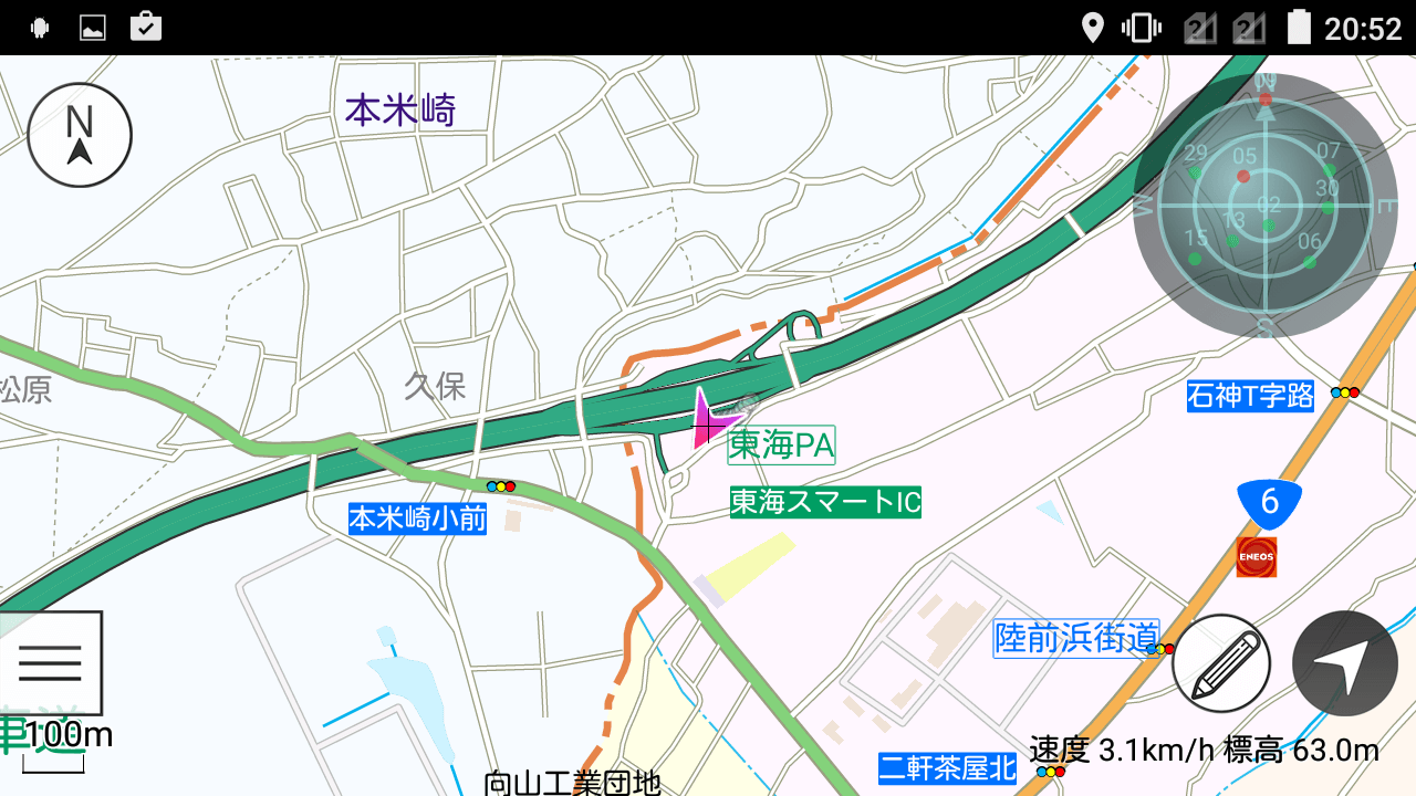 東海パーキングエリア（スケール表記100m）