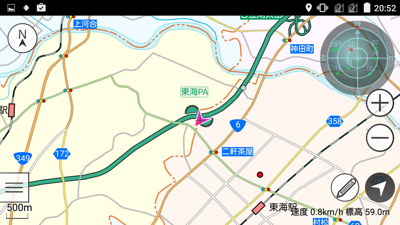 東海パーキングエリア（スケール表記500m）