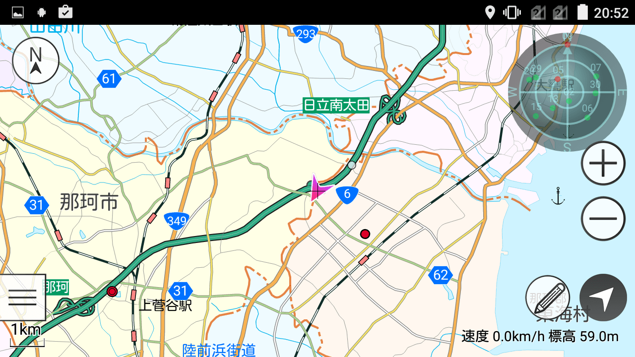 東海パーキングエリア（スケール表記1km）