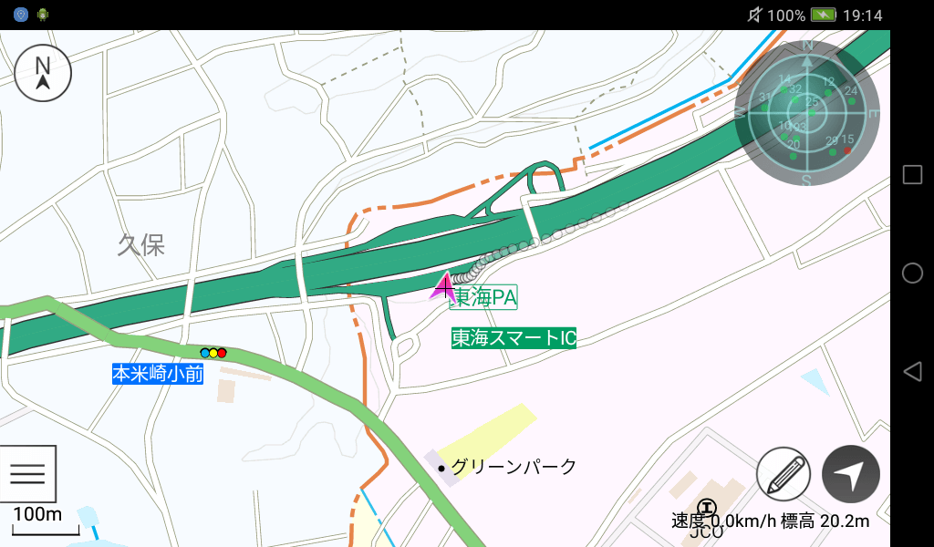 東海パーキングエリア(スケール表記100m)